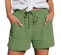 Damen Leinen Shorts Musselin Kurze Hose Beach Mit Taschen Mode Lässige Freizeit Stoffhose Stretch Gerades Bein Kordelzug Leinenhose Damen Bermuda Sommer Kurze Hose Für Die