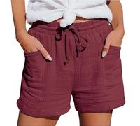 Damen Leinen Shorts Musselin Kurze Hose Beach Mit Taschen Mode Lässige Freizeit Stoffhose Stretch Gerades Bein Kordelzug Leinenhose Damen Bermuda Sommer Kurze Hose Für Die