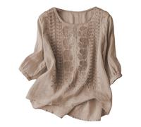Damen-Leinen-Top, lässig, Sommer, 3/4-Ärmel, Boho-T-Shirt, trendig, Rundhalsausschnitt, Strickstickerei, bedruckte Hemden, modisch, Vintage, Blumenmuster, Bohemian-Tunika, T-Shirt, Nr. 03-04, XL