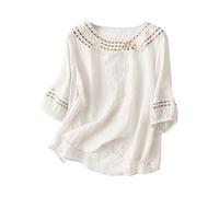 Damen-Leinen-Top, lässig, Sommer, 3/4-Ärmel, Boho-T-Shirt, trendig, Rundhalsausschnitt, Strickstickerei, bedruckte Hemden, modisch, Vintage, Blumenmuster, Bohemian-Tunika, T-Shirt, Nr. 05-10, 3XL