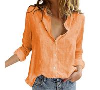 Damen leinenbluse Longbluse Sommer Lange weiße Bluse Einfarbig Baumwoll Leinen Revers Langarm Musselin Oberteile damenblusen（Orange, S