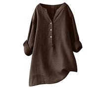 Damen Leinenbluse, Sommer Button-Down Bluse Übergröße Musselin Bluse Atmungsaktive Tops Leinen Elegante Blusenshirt Lang Tunika Shirt V Ausschnitt Freizeithemd Mode Oversized Longbluse