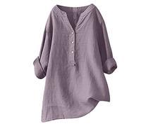 Damen Leinenbluse, Sommer Button-Down Bluse Übergröße Musselin Bluse Atmungsaktive Tops Leinen Elegante Blusenshirt Lang Tunika Shirt V Ausschnitt Freizeithemd Mode Oversized Longbluse