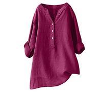 Damen Leinenbluse, Sommer Button-Down Bluse Übergröße Musselin Bluse Atmungsaktive Tops Leinen Elegante Blusenshirt Lang Tunika Shirt V Ausschnitt Freizeithemd Mode Oversized Longbluse