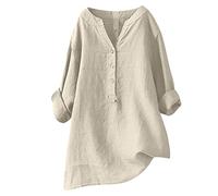 Damen Leinenbluse, Sommer Button-Down Bluse Übergröße Musselin Bluse Atmungsaktive Tops Leinen Elegante Blusenshirt Lang Tunika Shirt V Ausschnitt Freizeithemd Mode Oversized Longbluse