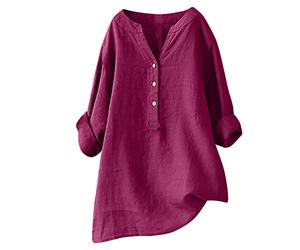 Damen Leinenbluse, Sommer Button-Down Bluse Übergröße Musselin Bluse Atmungsaktive Tops Leinen Elegante Blusenshirt Lang Tunika Shirt V Ausschnitt Freizeithemd Mode Oversized Longbluse