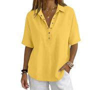 Damen Leinenbluse Sommer Elegant V-Ausschnitt Bluse mit Blumenstickerei 3/4 Arm Tunika Lockeres Luftiges Sommerbluse Boho Oberteil in Übergröße für Freizeit Festlichkeiten