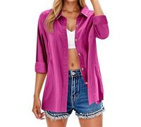 Damen Leinenhemd Elegantes Sommer Langarm Hemd Top Umkehren Elegantes Bluse Einfarbig Basic Top Blusen Elegant Langarmshirt Hemdbluse Casual V-Ausschnitt Oberteile mit Knöpfen (RD2, L)