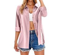 Damen Leinenhemd Elegantes Sommer Langarm Hemd Top Umkehren Elegantes Bluse Einfarbig Basic Top Blusen Elegant Langarmshirt Hemdbluse Casual V-Ausschnitt Oberteile mit Knöpfen (RD3, XXXXXL)