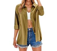 Damen Leinenhemd Elegantes Sommer Langarm Hemd Top Umkehren Elegantes Bluse Einfarbig Basic Top Blusen Elegant Langarmshirt Hemdbluse Casual V-Ausschnitt Oberteile mit Knöpfen (Yellow, XXXXXL)