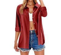 Damen Leinenhemd Elegantes Sommer Langarm Hemd Top Umkehren Elegantes Bluse Einfarbig Basic Top Blusen Elegant Langarmshirt Hemdbluse Casual V-Ausschnitt Oberteile mit Knöpfen (RD1, XXXXL)