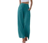 Damen Leinenhose Lang Leicht Sommerhose Loose Fit Casual Locker Stoffhose Weite Beine Palazzo Hose mit Taschen Sommerhose Damen Leicht Baumwolle Leinen Hose Einfarbig Freizeithose (Sky Blue-C, L)