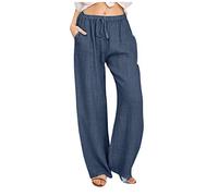 Damen Leinenhose Lange Gerades Bein Bequeme Stoffhose Sommer Leicht Einfarbig Musselin Hose Straight Leg Hose mit Kordelzug Casual Loose Fit Flowy Strandhose mit Taschen Outdoorhose