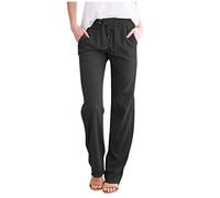 Damen Leinenhose Sommerhose Damen Leicht Leinenhose Damen Lang Sommer High Waist Weite Hose Damen Strandhose Sommer Casual Baumwolle Leinen Stoffhose Einfarbig Freizeithose mit Taschen und Kordelzug