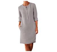 Damen Leinenkleid Sommer Sommerkleid Knielang Boho Kleid mit Knöpfen Rundhals 3/4 Ärmel Baumwolle Leinen Einfarbige Vintage Kleider Lässig Locker Leinenkleider Blusenkleid Etuikleid