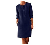 Damen Leinenkleid Sommer Sommerkleid Knielang Boho Kleid mit Knöpfen Rundhals 3/4 Ärmel Baumwolle Leinen Einfarbige Vintage Kleider Lässig Locker Leinenkleider Blusenkleid Etuikleid