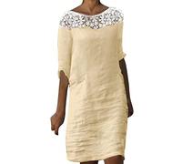 Damen Leinenkleid Sommer Sommerkleid Knielang Strandkleid Spitze Rundhals Baumwolle Leinen Kleid Kurzarm Blusenkleid Leicht Bequeme A Linien Tunika Kleider Freizeitkleid Shirtkleid