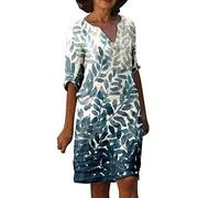 Damen Leinenkleid Sommer Sommerkleid Knielang Strandkleid V-Ausschnitt Baumwolle Leinen Kleid Kurzarm Blusenkleid Blumen Drucken Bequeme A Linien Tunika Kleider Midi Festlich Elegant