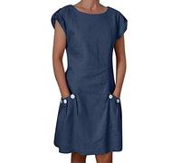 Damen Leinenkleid Sommer Sommerkleid Knielang Vintage Kleid Kurzarm mit Taschen Knöpfen Rundhals Lässig Luftige Kleider Elegant Baumwolle Leinen Tunika Blusenkleid Freizeitkleid