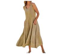 Damen Leinenkleid Sommer Sommerkleid Lang A Linien Kleid Baumwolle Leinen mit Tasche Vintage Einfarbig Ärmellos Strandkleid Locker Blusenkleid Langes Kleider Maxikleid Freizeitkleid