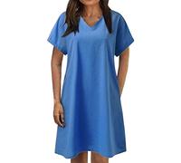 Damen Leinenkleid V-Ausschnitt Sommerkleid Kurzarm Baumwolle Leinen T Shirt Kleid Sommer Blusenkleid Leichte Locker Bequeme Solide Lässig Freizeitkleid HemdBlusenkleid Shirtkleid