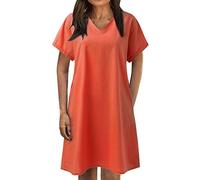 Damen Leinenkleid V-Ausschnitt Sommerkleid Kurzarm Baumwolle Leinen T Shirt Kleid Sommer Blusenkleid Leichte Locker Bequeme Solide Lässig Freizeitkleid HemdBlusenkleid Shirtkleid