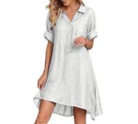 Damen Leinenkleider Sommer Lose Lässige Kurzarm Strandkleid Elegant Musselin Freizeitkleider Bequem V-Ausschnitt Einfarbig Kleid Knielanges Leinenkleid mit Taschen und Knöpfe (White, XXXL)