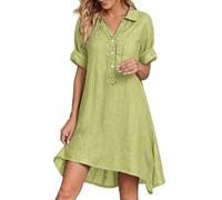Damen Leinenkleider Sommer Lose Lässige Kurzarm Strandkleid Elegant Musselin Freizeitkleider Bequem V-Ausschnitt Einfarbig Kleid Knielanges Leinenkleid mit Taschen und Knöpfe (Green, XXXL)
