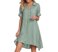 Damen Leinenkleider Sommer Lose Lässige Kurzarm Strandkleid Elegant Musselin Freizeitkleider Bequem V-Ausschnitt Einfarbig Kleid Knielanges Leinenkleid mit Taschen und Knöpfe (Mint Green, XXXXL)