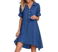 Damen Leinenkleider Sommer Lose Lässige Kurzarm Strandkleid Elegant Musselin Freizeitkleider Bequem V-Ausschnitt Einfarbig Kleid Knielanges Leinenkleid mit Taschen und Knöpfe (Dark Blue, XXXXXL)
