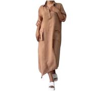 Damen Leinenkleider V-Ausschnitt Modische Casual Damen Loose Kleider Sommer Langarm Große Größe Freizeitkleid Eelegant Bequem Strandkleider mit Tasche Boho Langes Knielang Urlaub Strand Sommerkleid