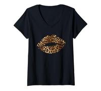 Damen Leopard Lippen Trendy Kiss Mouth Frauen Gepard Animal Print T-Shirt mit V-Ausschnitt