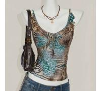 Damen Leopard Muster Rüschen Saum V-Ausschnitt Träger Top, eng anliegende Y2K sexy Bluse