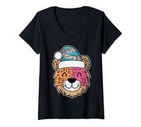 Damen Leopard Weihnachtsmütze Kinder Feier T-Shirt mit V-Ausschnitt