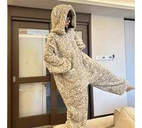 Damen Leopardenmuster Bärenohren Kapuzen-Morgenmantel, weiches flauschiges Fleece Loungewear, bequemer Winter-Morgenmantel mit Taschen