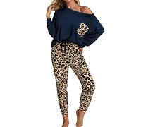 Damen Leopardenmuster Herbst/Winter Home Pyjama Set Komfortables 2-Teiliges Home Wear Set Freizeithose Und Top Mit Taschen