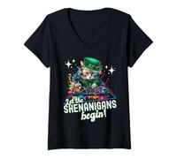 Damen Let The Shenanigans Begin! DJ Cat Music St Patrick’s Humor T-Shirt mit V-Ausschnitt