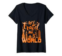 Damen Let's Go Travel The World T-Shirt, klassisches Sehenswürdigkeits-Design T-Shirt mit V-Ausschnitt