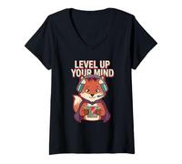 Damen Level Up Your Mind Fox Enthusiast Gam Zitat Videospiel Gamer T-Shirt mit V-Ausschnitt