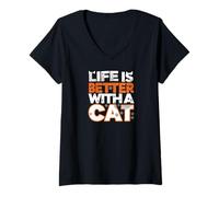 Damen Life is Better with A Cat Paw Print Feline Lover T-Shirt mit V-Ausschnitt