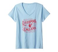Damen Liverpool England Liverbird im Vintage-Stil, roter Aufdruck T-Shirt mit V-Ausschnitt