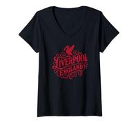Damen Liverpool, England, Vintage-Stil, Liverbird, roter Aufdruck T-Shirt mit V-Ausschnitt