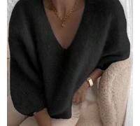 Damen Locker Casual V-Ausschnitt einfarbig Feiner Samt Strickpullover, Herbst/Winter Schwarz