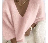 Damen Locker Lässig V-Ausschnitt einfarbiger feiner Samt Strickpullover, Herbst/Winter