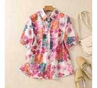 Damen Locker Sitzende Bluse mit Blume Muster, Hemdkragen und Knöpfen, elegante, lässige Kurzarmbluse für Frühling, Sommer, Büro und Alltag