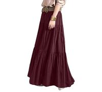 Damen Lockere Großes Rüschensaum Lange Röcke Bequeme Baumwolle Elegant Plissierter Rock Einfarbige Casual Halb Rock (Rotwein,XXL)
