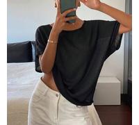 Damen lockerer Schnitt asymmetrischer Ausschnitt halbe Ärmel lässiger Urlaubs leichter Strickpullover, einfarbig Schule Sommer