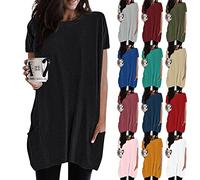 Damen Longshirt Kurzarm mit Tasche Oversized Tshirt Lang Longtops T-Shirt Sommer Oberteile Einfarbig Rundhals Longbluse Lässig für Leggings Pullover T-Shirts Tunika Tops