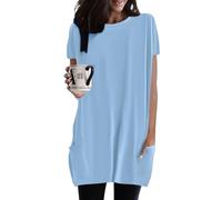 Damen Longshirt Kurzarm mit Tasche Oversized Tshirt Lang Longtops T-Shirt Sommer Oberteile Einfarbig Rundhals Longbluse Lässig für Leggings Pullover T-Shirts Tunika Tops
