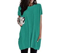 Damen Longshirt Kurzarm mit Tasche Oversized Tshirt Lang Longtops T-Shirt Sommer Oberteile Einfarbig Rundhals Longbluse Lässig für Leggings Pullover T-Shirts Tunika Tops